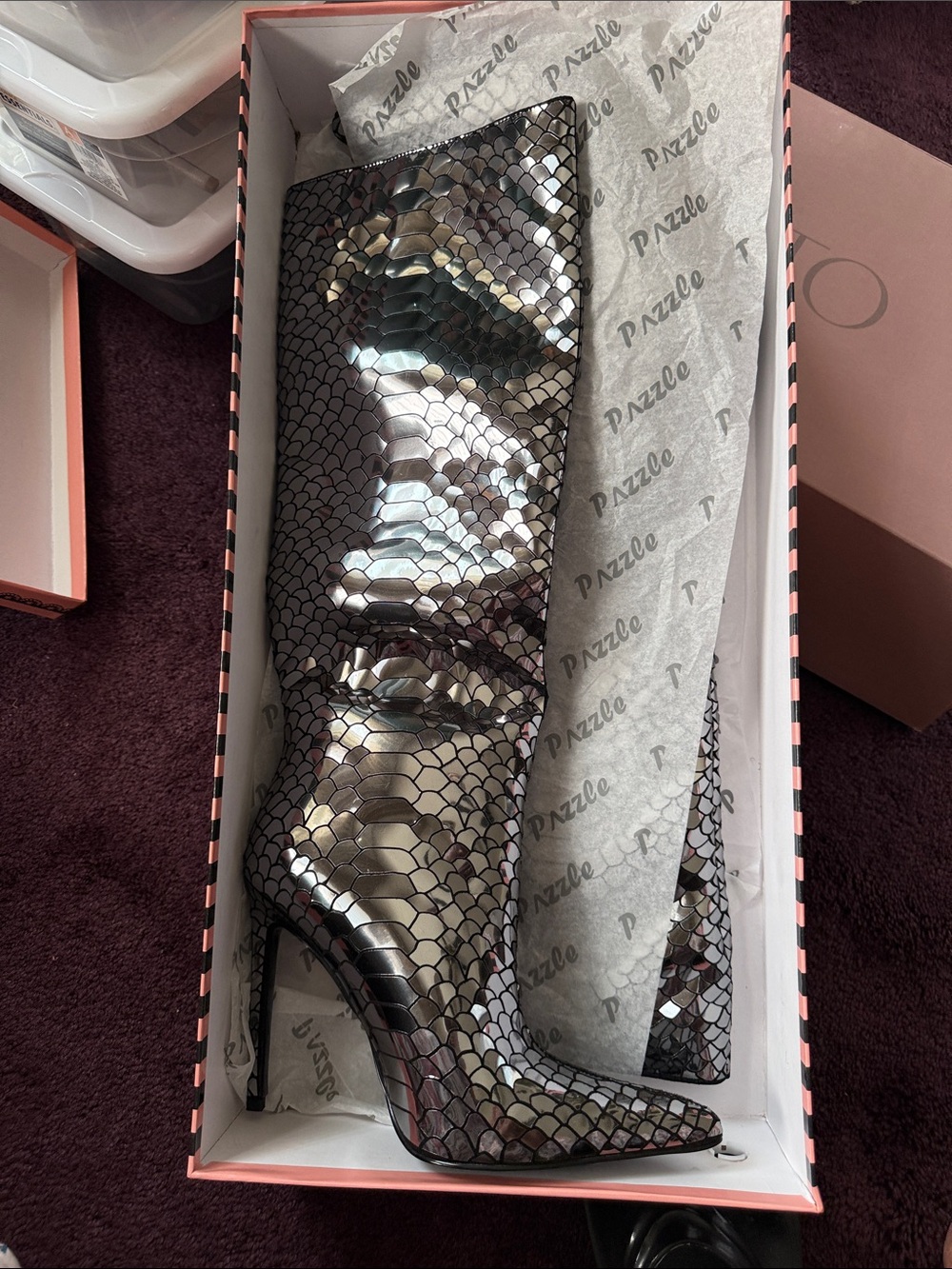Metallic Black Snake-Scale Knee-High Stiletto Boot